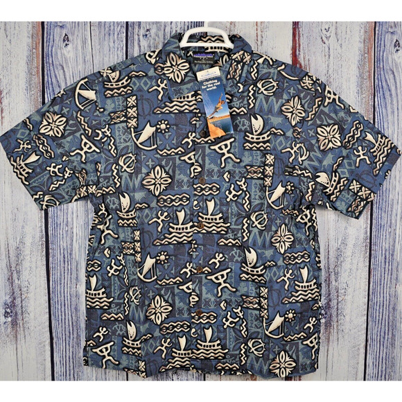 Thousand Mile Hawaiian Shirt Men's L Indigenous Symbols Button Up Made in USA - Picture 1 of 6